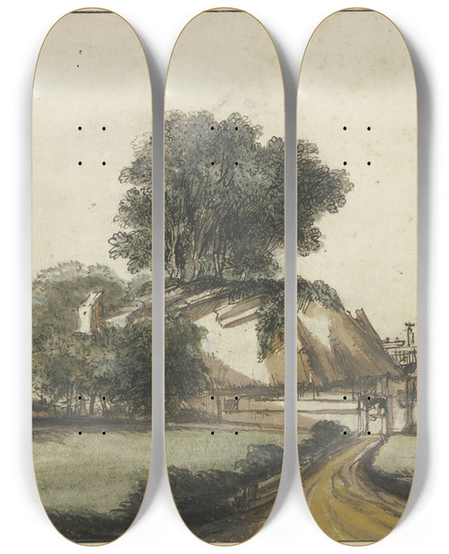 Triptych art skateboard deck of Philips Koninck Bauernhaus Unter Bumen An Einem Flu by Philips Koninck (1619-1688)