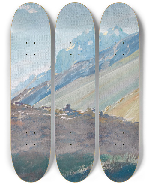 Triptych art skateboard deck of Alexandre Jacovleff The Foothills Of The Karakoram Mountains by Alexandre Jacovleff (1887-1938)