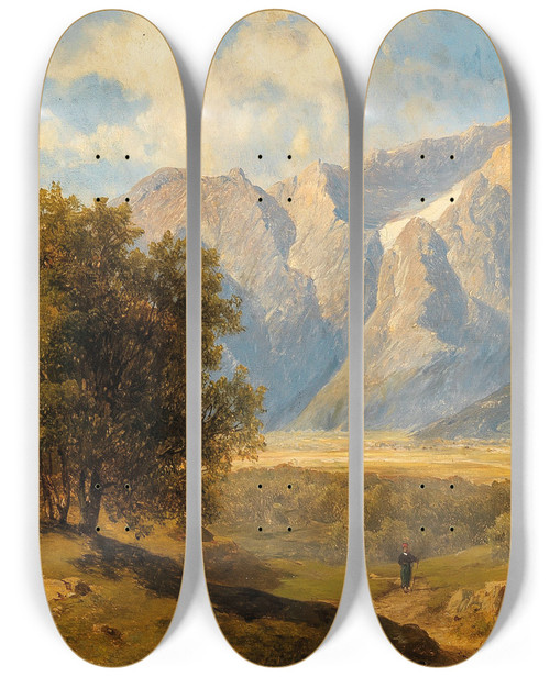 Triptych art skateboard deck of Josef Thoma Travellers With A View Of The Dachstein Massif by Josef Thoma (1828-1899)