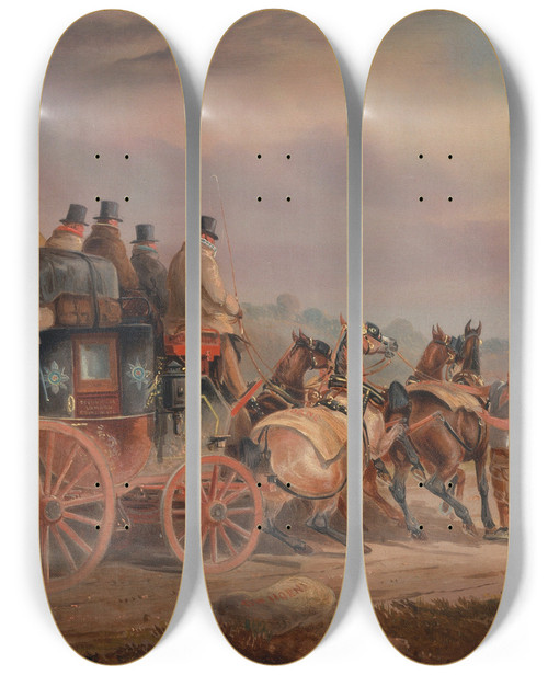 Triptych art skateboard deck of Charles Cooper Henderson Mail Coaches On The Road The Quicksilver Devonportlondon Royal Mail About To Start With A New Te by Charles Cooper Henderson (1803-1877)