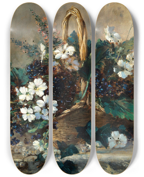 Triptych art skateboard deck of Eugne Henri Cauchois A Wicker Basket With Black Hellebore And Violets by Eugene Henri Cauchois (1850-1911)