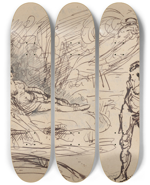 Triptych art skateboard deck of Stanisaw Wyspiaski Truth And Delusion Composition Sketch To Allegorical Scene by Stanislaw Wyspianski (1869-1907)