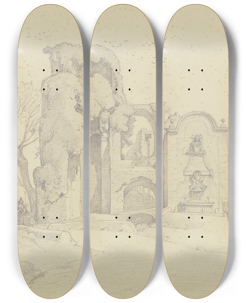 Triptych art skateboard deck of August Lucas Die Porta Furba Und Die Acqua Felice Mit Dem Brunnen Clemens Xii An Der Via Tuscolana Bei Rom by August Lucas (1803-1863)