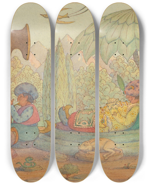 Triptych art skateboard deck of Herbert Crowley The Sultan Rests by Herbert Crowley (1873-1937)