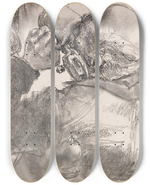 Triptych art skateboard deck of Adolph Von Menzel Studie Eines Biertrinkenden Mannes by Adolph Von Menzel (1815-1905)