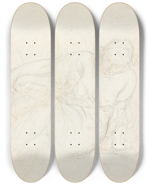 Triptych art skateboard deck of Honor Daumier Reclining Woman Leaning On Her Arm Verso by Honore Daumier (1808-1879)