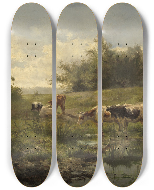 Triptych art skateboard deck of Gerard Bilders Cows At A Pond_2 by Gerard Bilders (1838-1865)