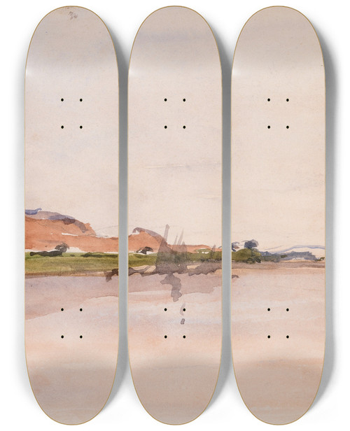 Triptych art skateboard deck of Nathaniel Hone The Younger A Wooded Point On The Banks Of The River Nile Egypt by Nathaniel Hone the Younger (1831-1917)