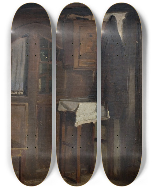 Triptych art skateboard deck of Hans Smidth Interir Fra Et Bondehus by Hans Smidth (1839-1917)