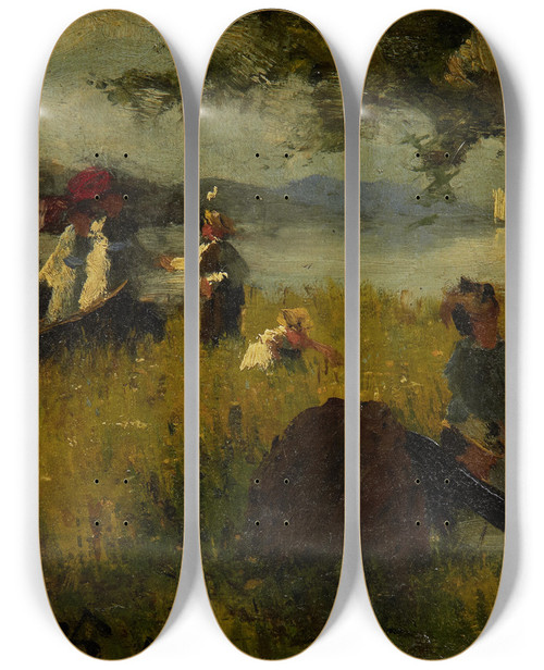 Triptych art skateboard deck of Hans Dahl The Picnic by Hans Dahl (1849-1937)