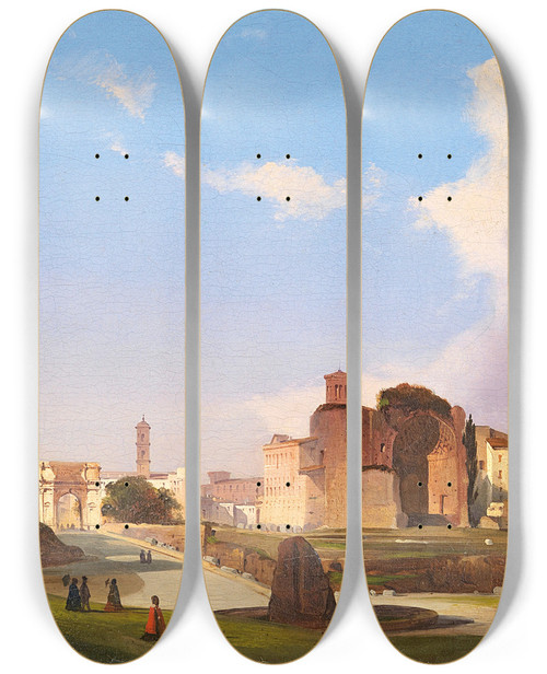 Triptych art skateboard deck of Ippolito Caffi A View Of The Roman Forum With The Arch Of Constantine by Ippolito Caffi (1809-1866)