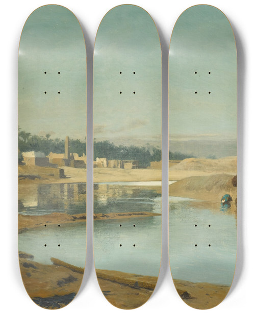 Triptych art skateboard deck of Jeanlon Grme Camels Watering In The Desert_1 by Jean-Lon Grme (1824-1904)