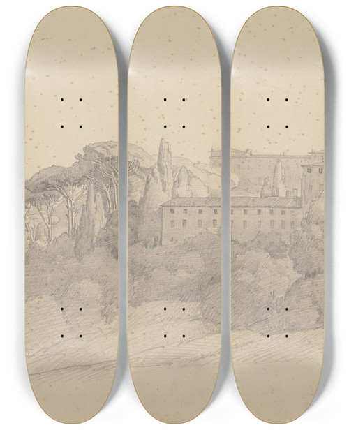Triptych art skateboard deck of August Lucas Die Villa Falconieri Bei Frascati by August Lucas (1803-1863)