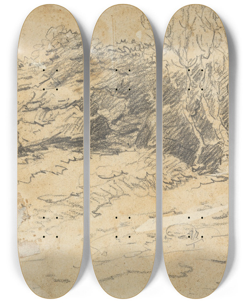Triptych art skateboard deck of Thomas Bradshaw Sketch Of Trees And Rocks by Thomas Bradshaw (1767)