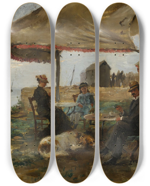 Triptych art skateboard deck of Julian Gustave Gagliardini A Picnic By The Shore by Julian Gustave Gagliardini (1846-1927)