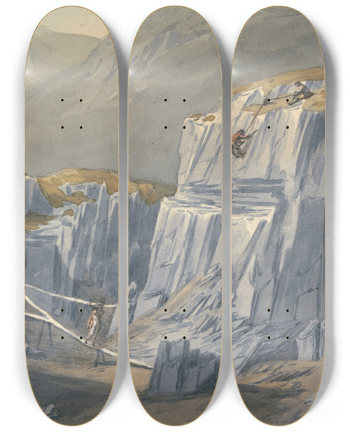 Triptych art skateboard deck of John Warwick Smith The Slate Quarries At Bron Llwyd by John Warwick Smith (1749-1831)