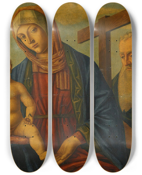 Triptych art skateboard deck of Giovanni Di Niccol Mansueti A Sacra Conversazione The Madonna And Child With Saints Francis And Andrew by Giovanni Di Niccolo Mansueti (1485-1526)