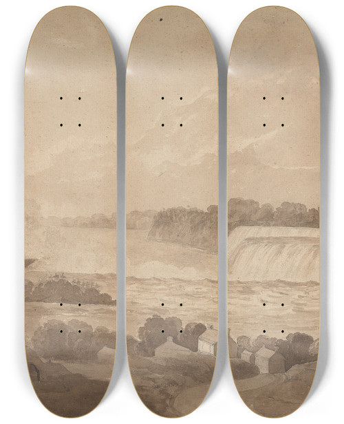 Triptych art skateboard deck of Isaac Weld View Of Niagara Falls With The Falls In The Background Right And Landscape With Houses In The Foreground by Isaac Weld (1774-1856)