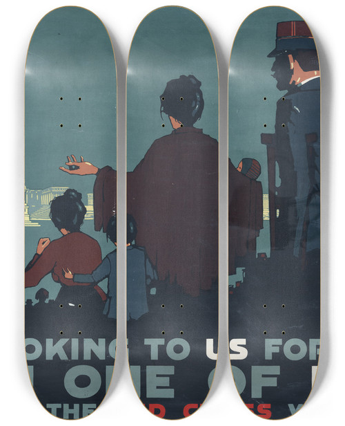 Triptych art skateboard deck of Ln Britton They Are Looking To Us For Help Are You One Of Us Add Your Bit To The Red Cross War Fund by L N Britton (19-20-)