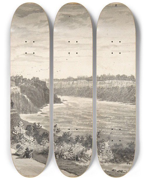 Triptych art skateboard deck of David Octavius Hill View Of A River With A Promenade by David Octavius Hill (1802-1870)