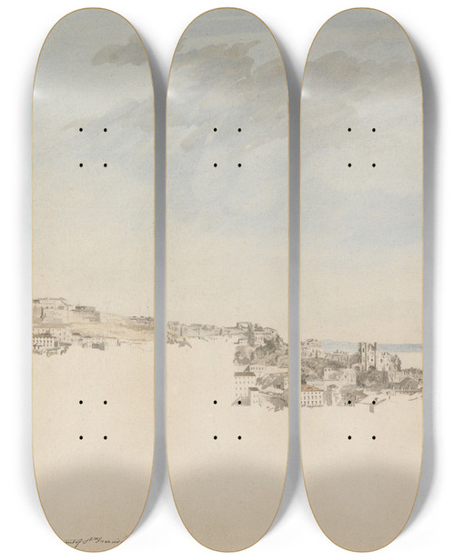 Triptych art skateboard deck of Charles Gore Lisbon From The Convent Of St Francis Da Citadel by Charles Gore (1729-1807)