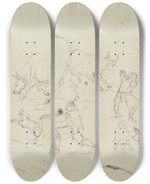 Triptych art skateboard deck of Alfred Rethel Capturing Two Oxen by Alfred Rethel (1816-1859)