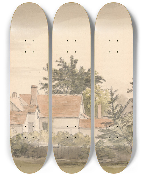 Triptych art skateboard deck of James Stark Cottages And Trees With A Fence by James Stark (1794-1859)