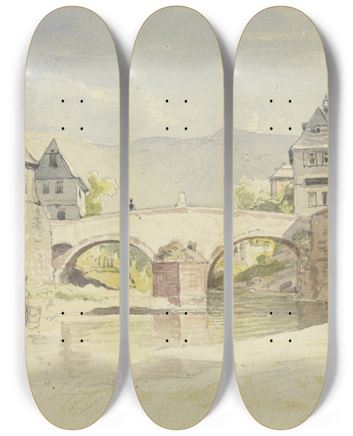Triptych art skateboard deck of Carl Morgenstern Die Abgegangene Steinerne Brcke Von 1556 Ber Die Wisper In Lorch Im Rheingau by Carl Morgenstern (1811-1893)