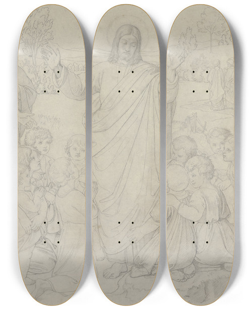 Triptych art skateboard deck of Johann Friedrich Overbeck Lasset Die Kindlein Zu Mir Kommen by Johann Friedrich Overbeck (1789-1869)