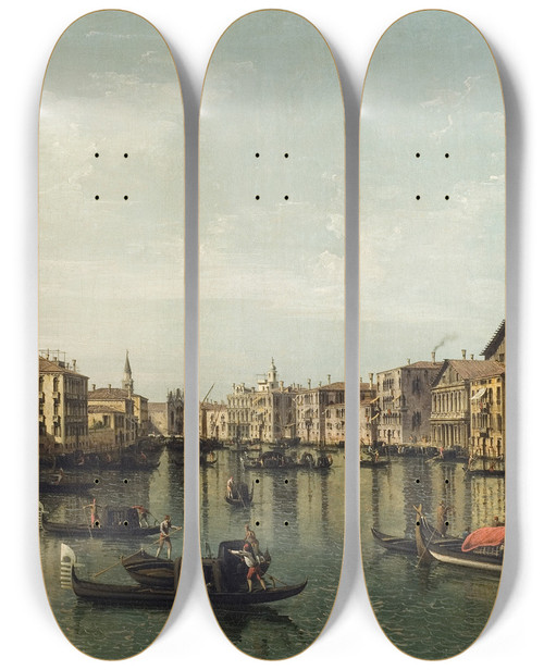 Triptych art skateboard deck of Bernardo Bellotto View Of Grand Canal With The Palazzi Foscari And Moro Lin by Bernardo Bellotto (1721-1780)