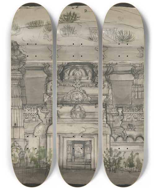 Triptych art skateboard deck of Gangaram Chintaman Tambat Outside View Of Indus Sabha by Gangaram Chintaman Tambat