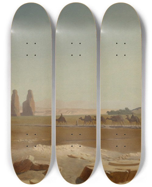 Triptych art skateboard deck of Jeanlon Grme Caravan Passing The Colossi Of Memnon Thebes_1 by Jean-Lon Grme (1824-1904)