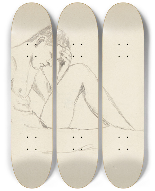 Triptych art skateboard deck of Adolf Sternschuss Akt Siedzcego Mczyzny Podpierajcego Gow Lew Rk by Adolf Sternschuss (1873-1915)