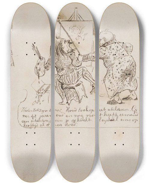Triptych art skateboard deck of Marius Bauer Karikatuur Van De Schilderkunst by Marius Bauer (1867-1932)
