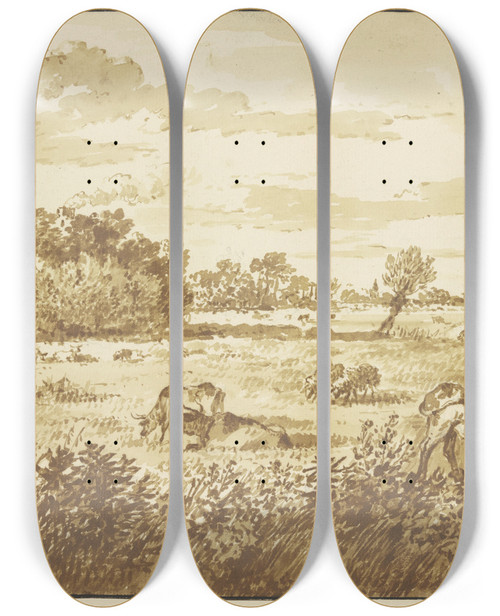 Triptych art skateboard deck of Gerard Van Nijmegen Waldwiese Mit Vieh Rechts Am Zaun Der Hirte by Gerard Van Nijmegen (1735-1808)