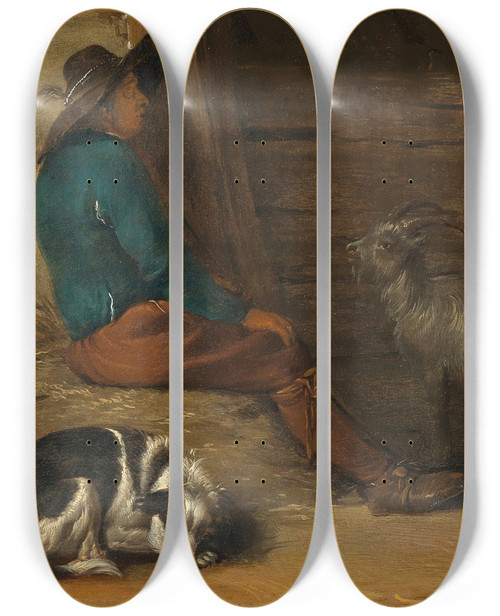 Triptych art skateboard deck of Cornelis Saftleven A Peasant Resting With A Dog And Goats Nearby by Cornelis Saftleven (1607-1681)