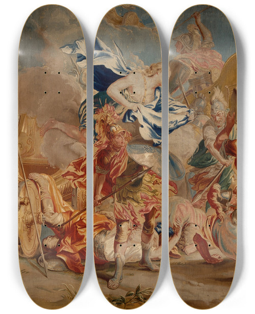 Triptych art skateboard deck of Charles Le Brun Combat Between Menelaus And Paris by Charles Le Brun (1619-1690)