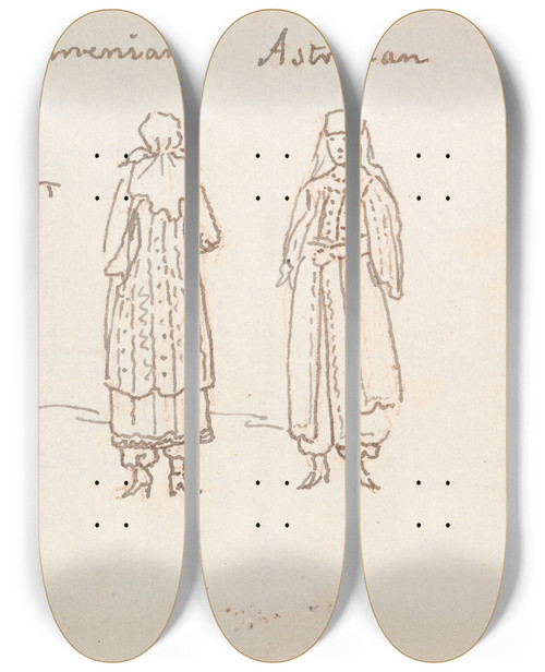 Triptych art skateboard deck of David Allan Costume Study 2 by David Allan (1744-1796)
