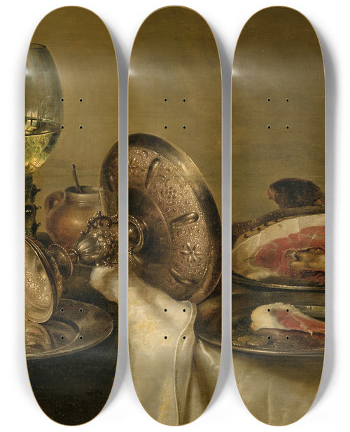 Triptych art skateboard deck of Willem Claesz Heda A Partially Draped Table With An Overturned Tazza Roemer And Glass Of Beer With A Partially Peeled Lemon And Ham On Pewter Plates by Willem Claesz Heda (1594-1680)