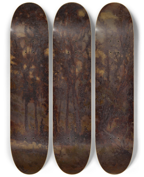 Triptych art skateboard deck of Edward Mitchell Bannister Untitled Forest Scene Fallen Tree In Foreground And House In Background by Edward Mitchell Bannister (1828-1901)