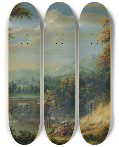 Triptych art skateboard deck of Jan Philip Spalthof An Extensive Wooded River Landscape With Figures Resting In The Foreground Travellers Approaching A Walled City Beyond by Jan Philip Spalthof (1700)