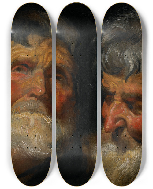 Triptych art skateboard deck of Jacob Jordaens Two Studies Of The Head Of An Old Man by Jacob Jordaens (1593-1678)