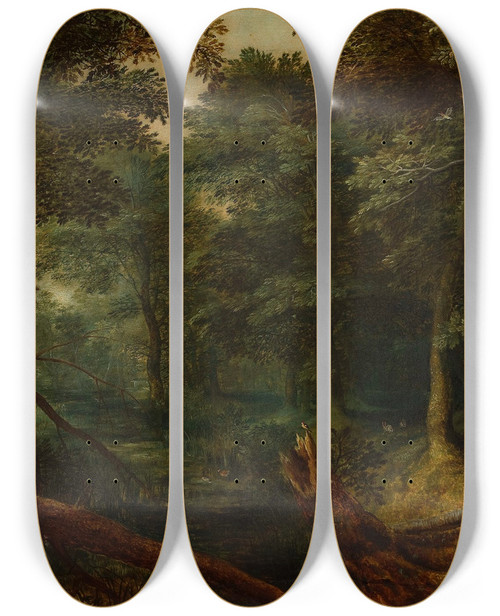Triptych art skateboard deck of Jan Brueghel The Elder Landscape With Robbers Dividing The Loot by Jan Brueghel The Elder (1568-1625)