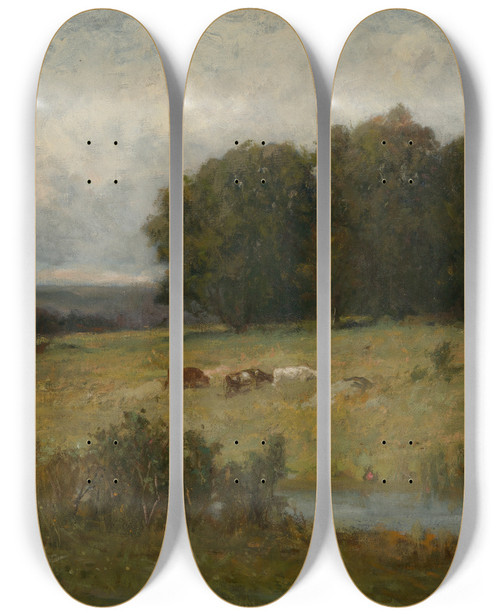 Triptych art skateboard deck of Edward Mitchell Bannister Bright Scene Of Cattle Near Stream by Edward Mitchell Bannister (1828-1901)