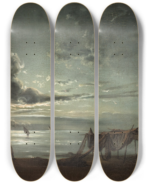 Triptych art skateboard deck of Johan Christian Dahl The Gulf Of Naples Moonlight by Johan Christian Dahl (1788-1857)