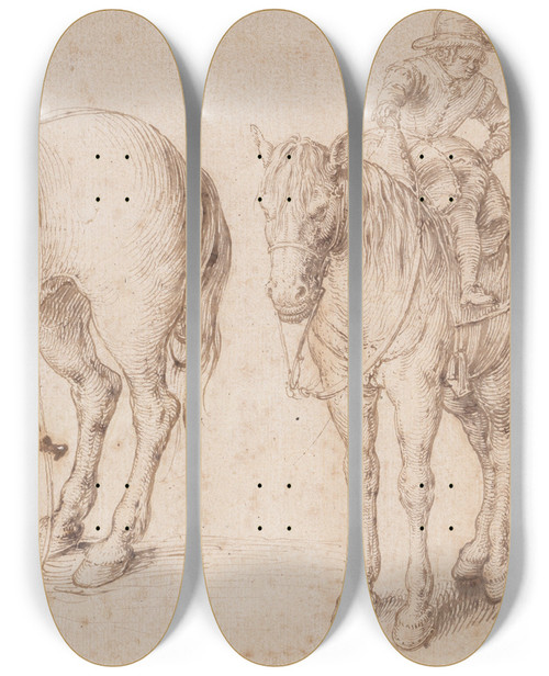 Triptych art skateboard deck of Jacob De Gheyn Ii Two Studies Of A Saddled Horse And Of A Horse With A Boy Astride by Jacob de Gheyn II (1565-1629)