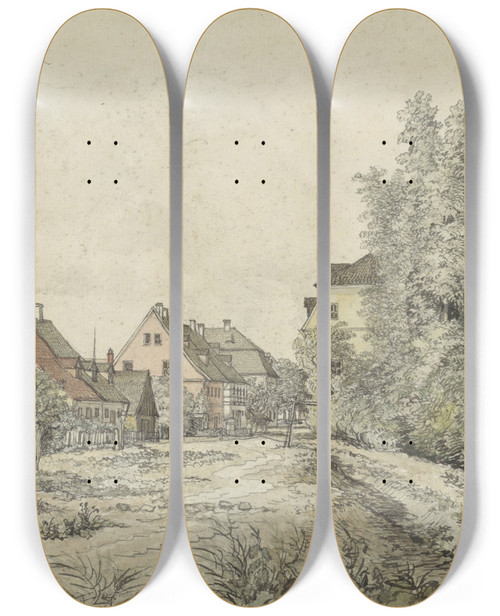 Triptych art skateboard deck of Henry Edridge Dorpsweg Met Huizen by Henry Edridge (1769-1821)
