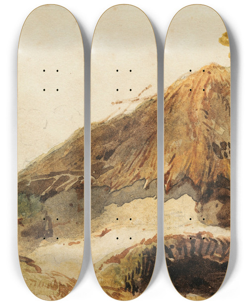 Triptych art skateboard deck of George Chinnery A Bengal Scene With A Thatched Dwelling And A Goat Beside A Bridge by George Chinnery (1774-1852)