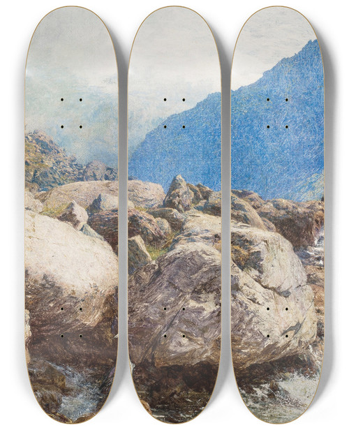 Triptych art skateboard deck of Henry Clarence Whaite Tryfan Orwen Falls Wales by Henry Clarence Whaite
