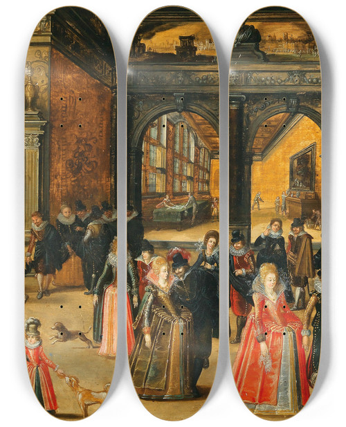 Triptych art skateboard deck of Workshop Of Louis De Caullery A Palace Interior With An Elegant Company by Workshop of Louis de Caullery (1580-1621)